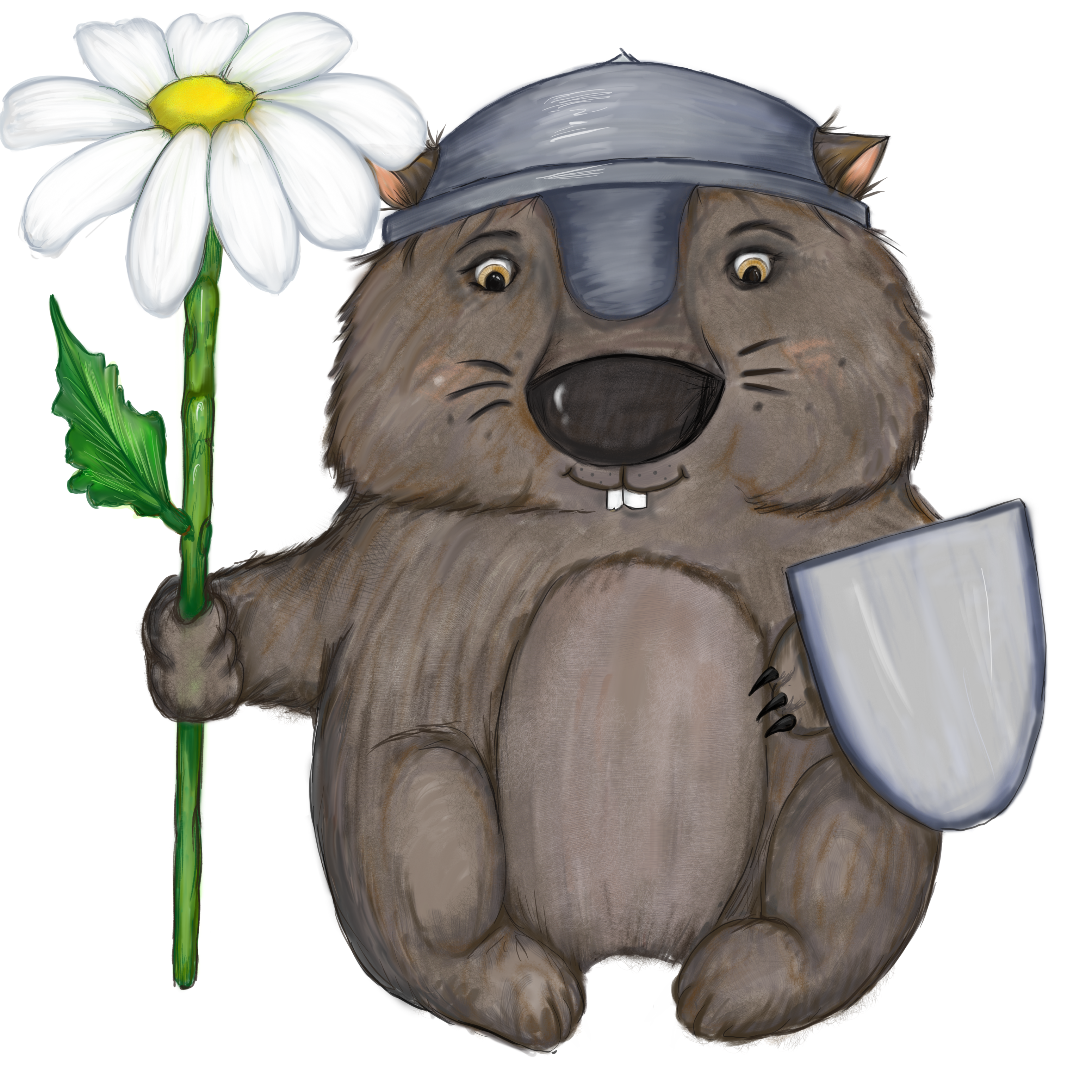Image of wombat wearing crusader helmet. In one paw he has a flower. In the other her holds a shield.